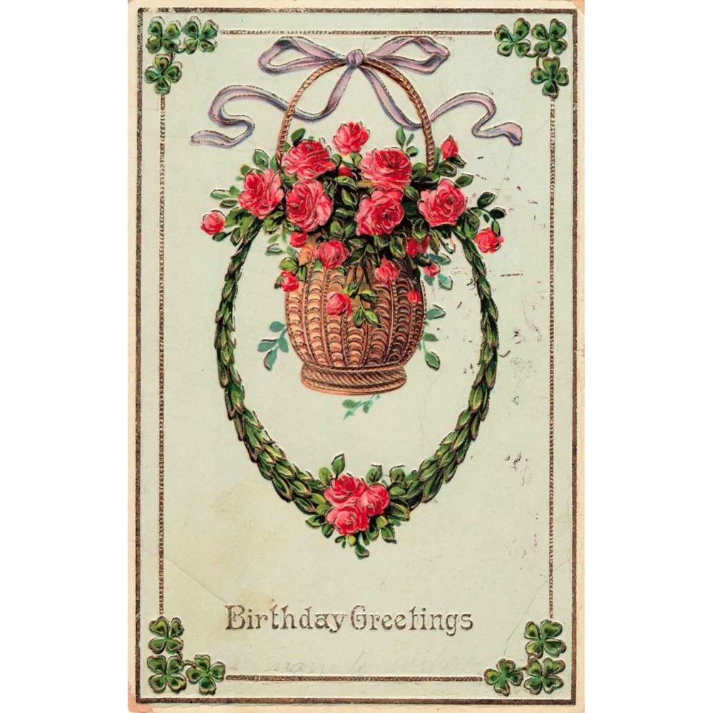 Antique 1912 Birthday Greetings Postcard Embossed Roses Shamrocks Germany G+ - Picture 1 of 2